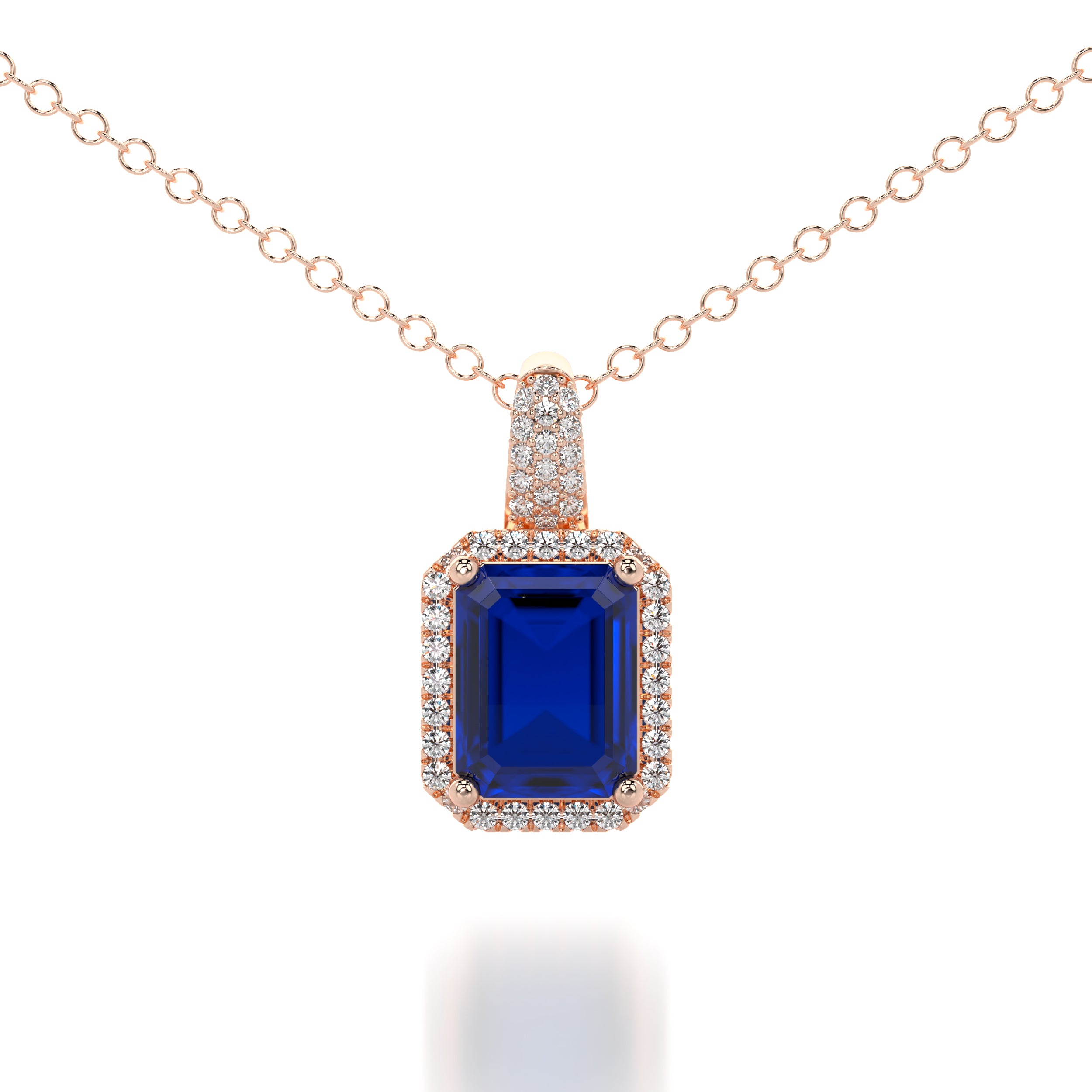 שרשרת זהב משובצת אבן ספיר כחול ומסביבו הילת יהלומים לבנים