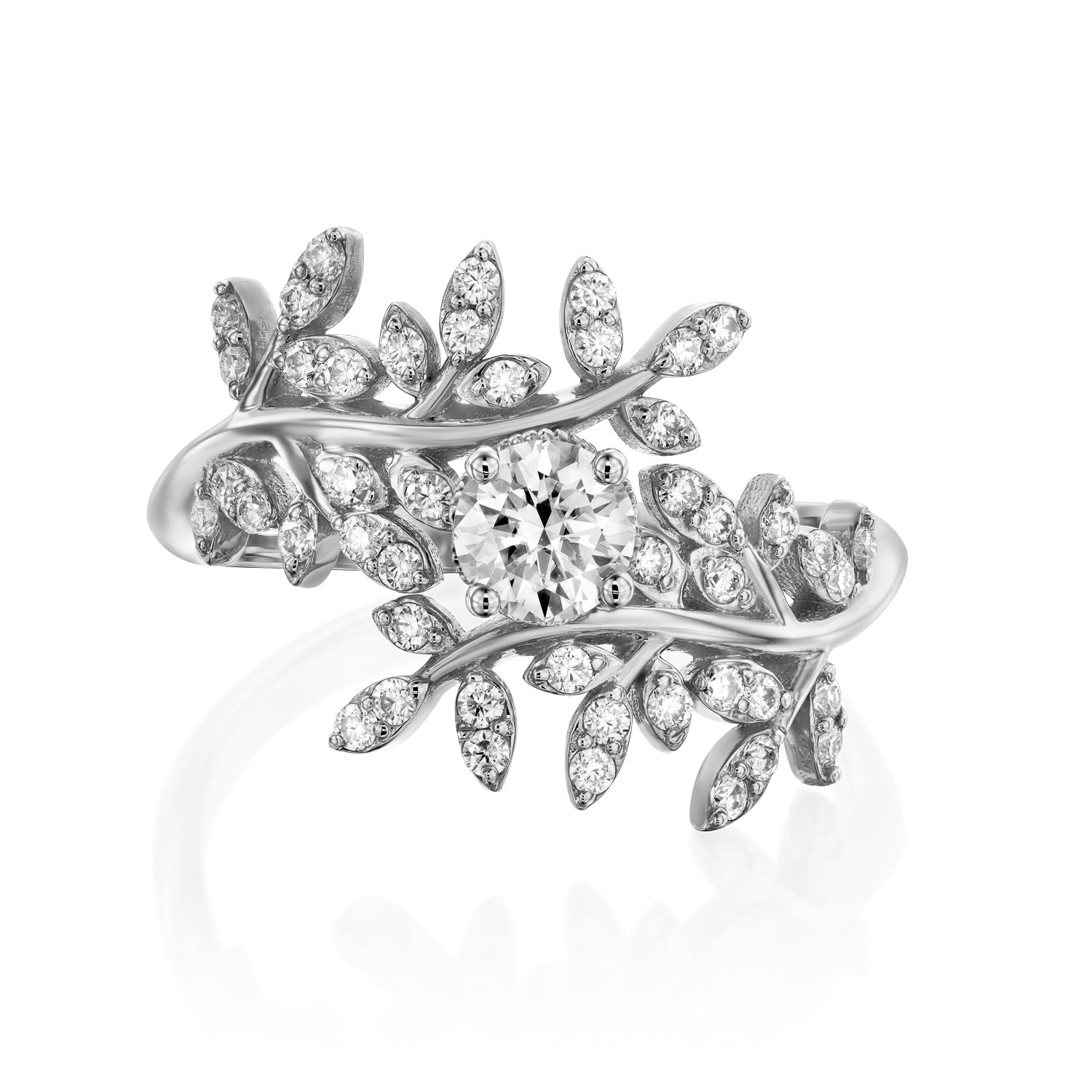 טבעת זהב לבן בעיצוב עלים משובצת יהלומים