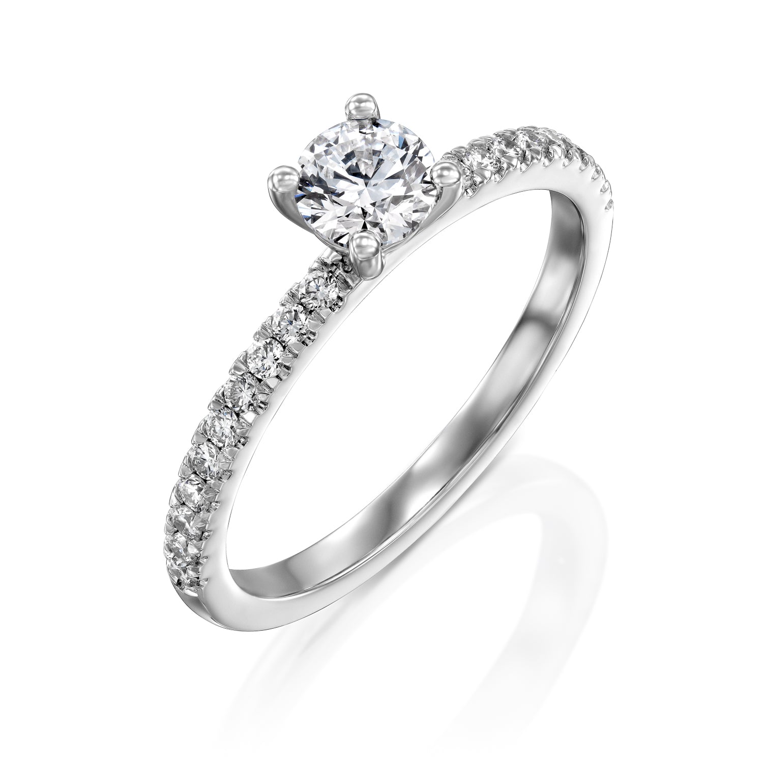 טבעת סוליטר זהב לבן משובצת יהלומים לבנים על רקע לבן