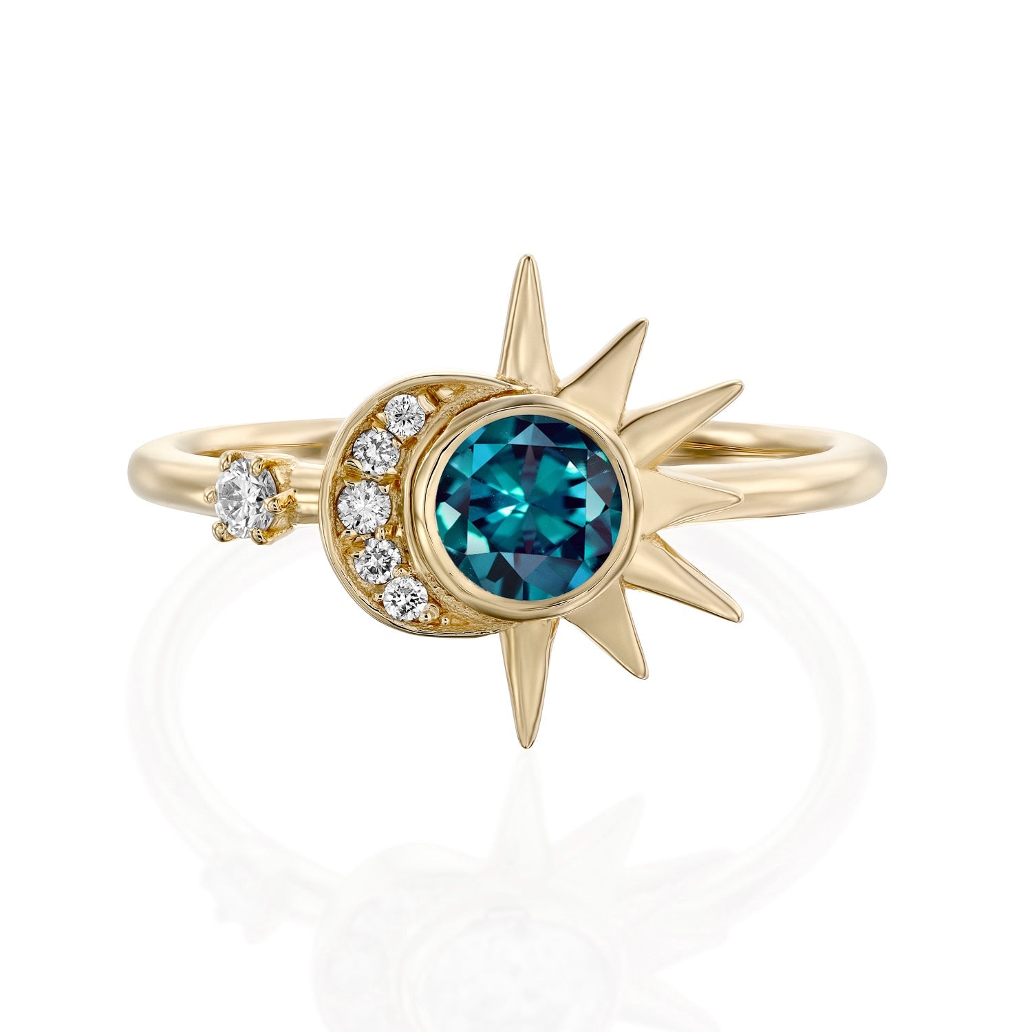 טבעת אלכסנדריט ויהלומים בעיצוב ירח ושמש עשויה זהב צהוב 14 קראט