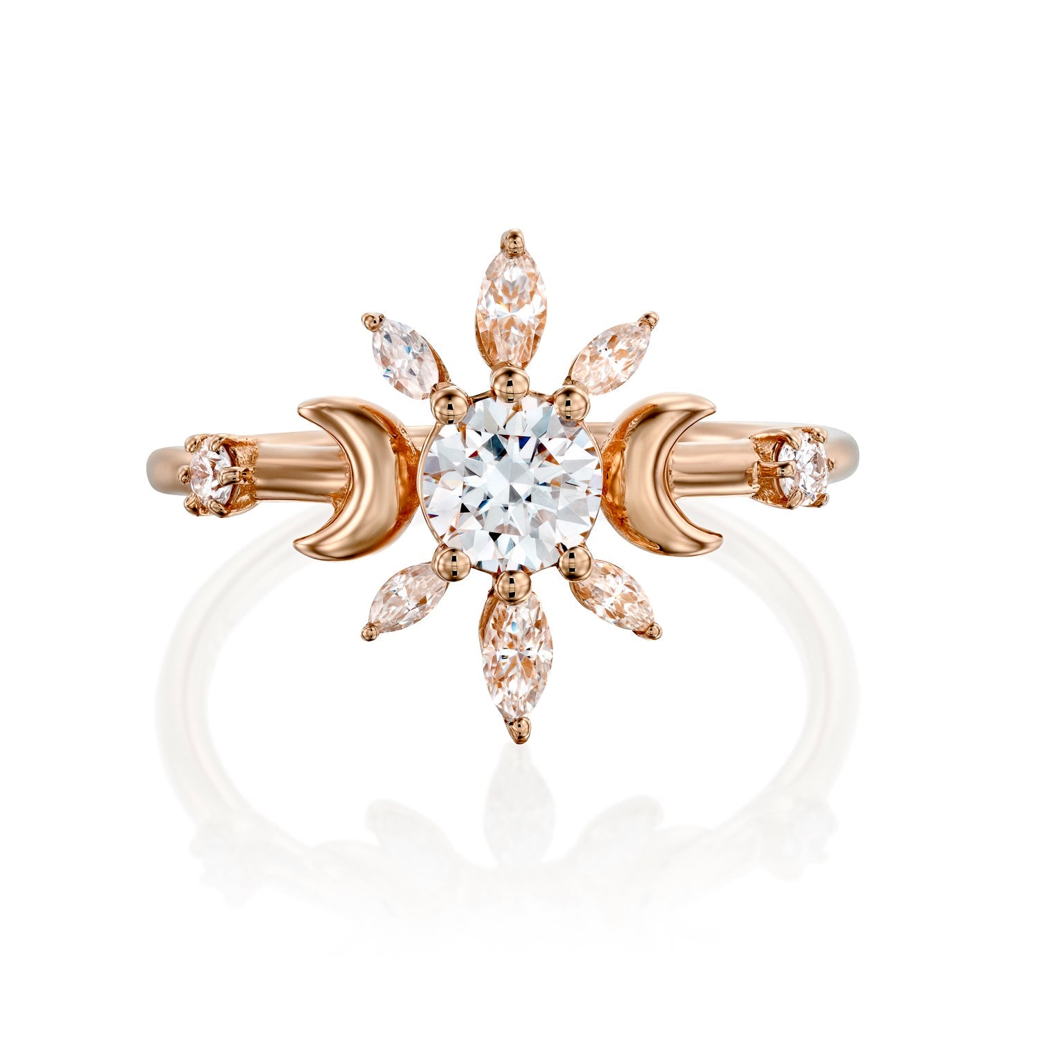 טבעת אירוסין זהב אדום בעיצוב שמש משובצת  יהלומים