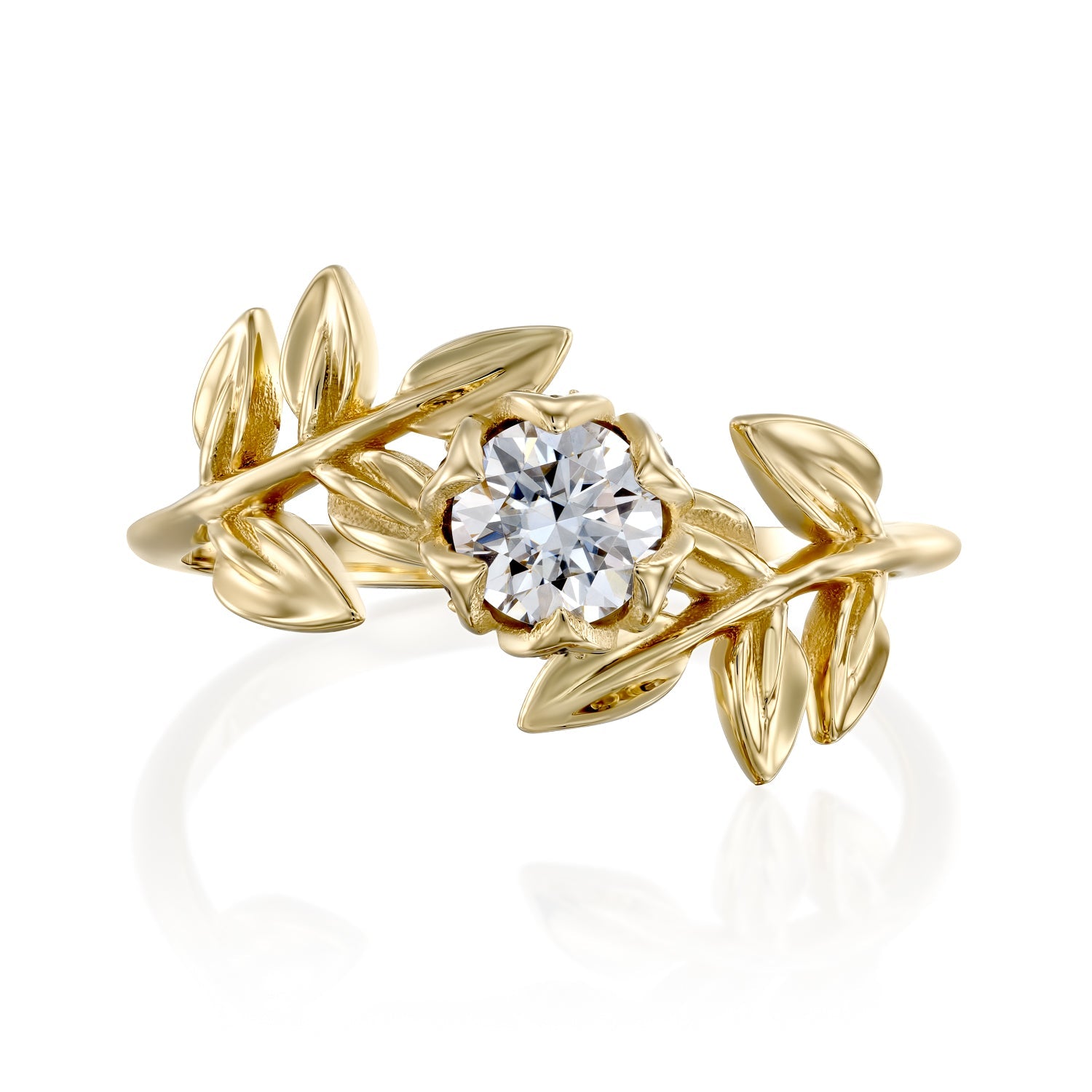 טבעת אירוסין עלים משובצת מואסנייט ויהלומים