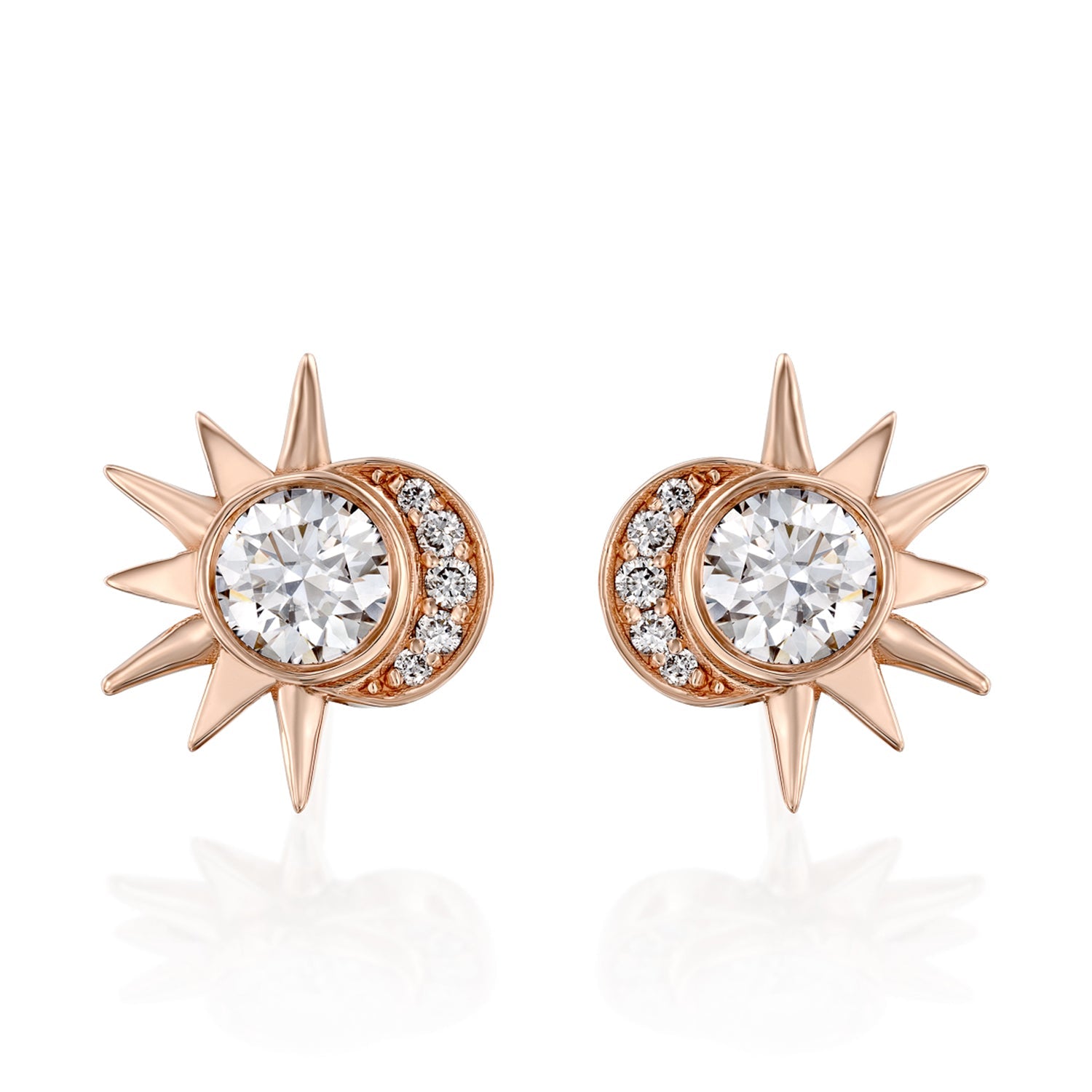 עגילים מוכנים למשלוח מזהב אדום 14 קראט משובצים יהלומים בעיצוב שמש ירח