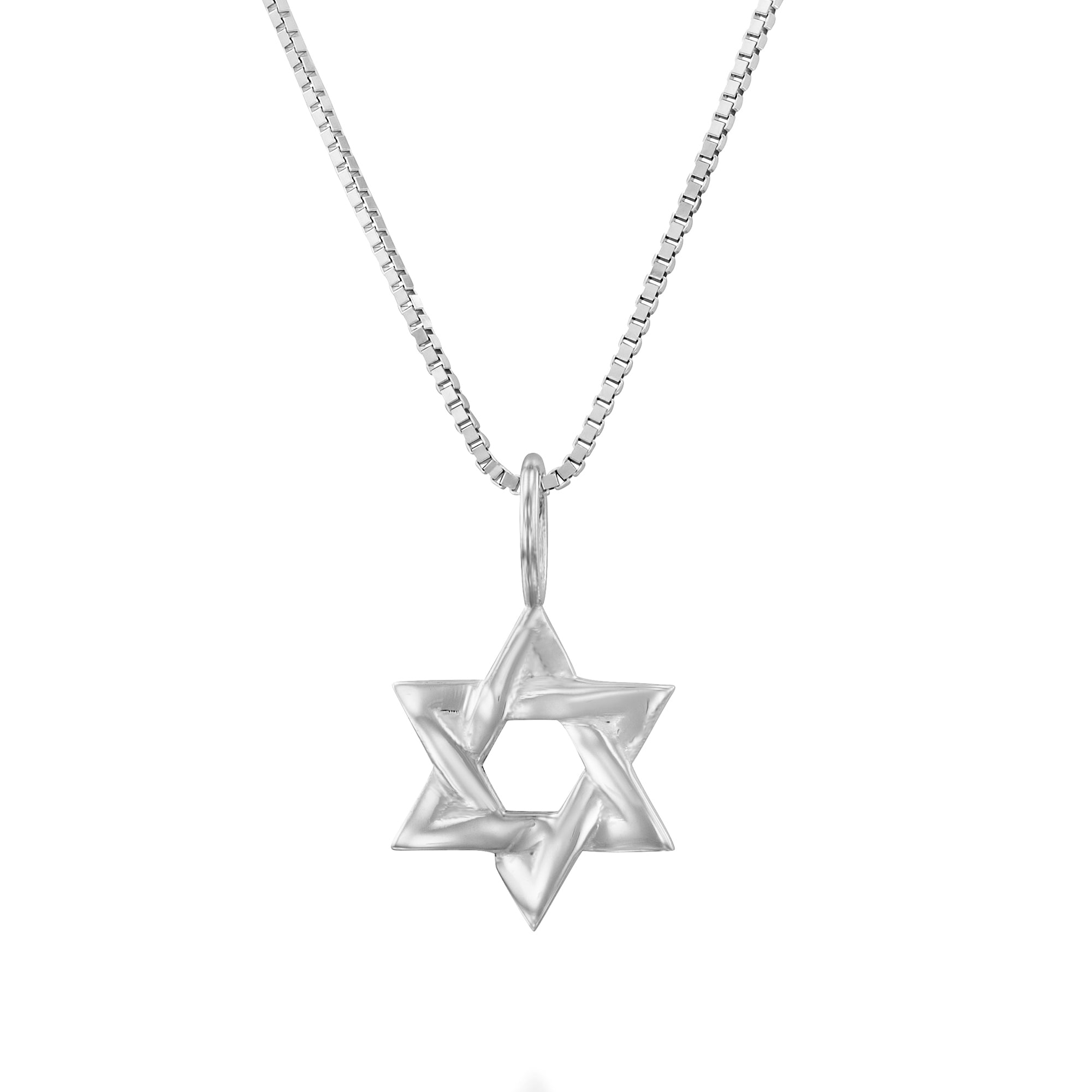 שרשרת מגן דוד זהב לבן בעיצוב מודרני ואלגנטי על רקע לבן נקי.
