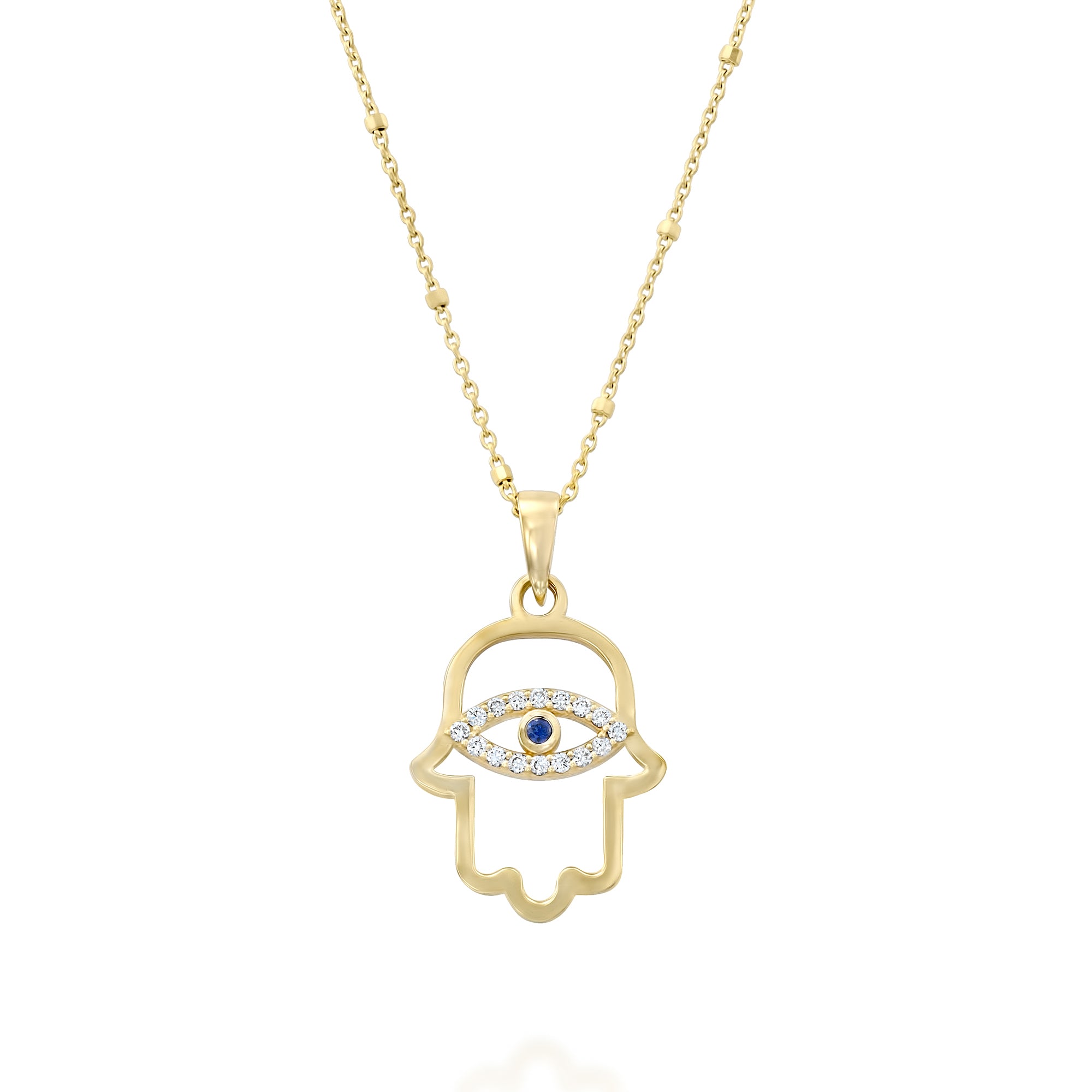 מבט חזיתי על שרשרת חמסה זהב לאישה עם שיבוץ יהלומים ועין הרע על רקע לבן