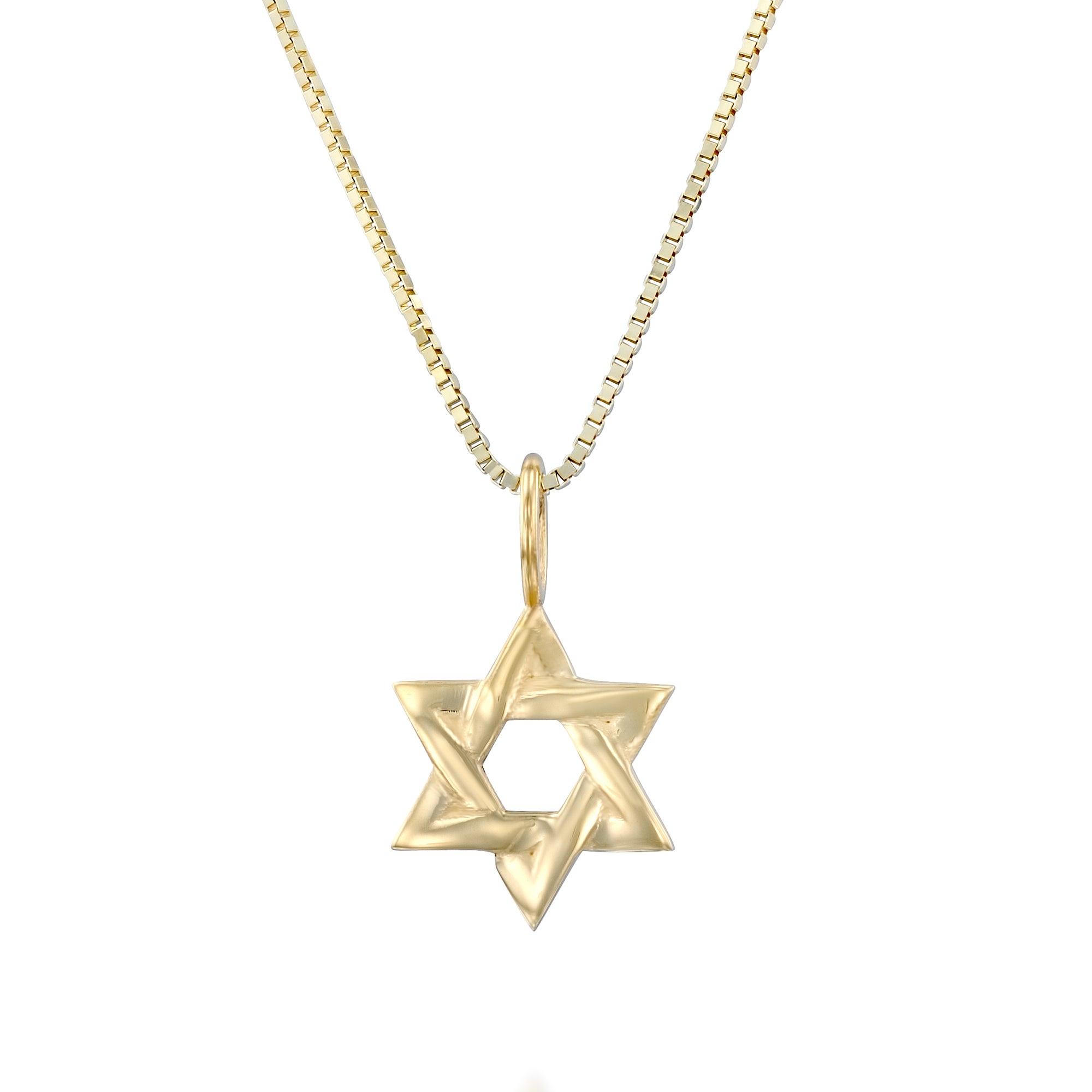 שרשרת מגן דוד זהב 14k בעיצוב גיאומטרי עדין מוצגת על רקע לבן חלק.