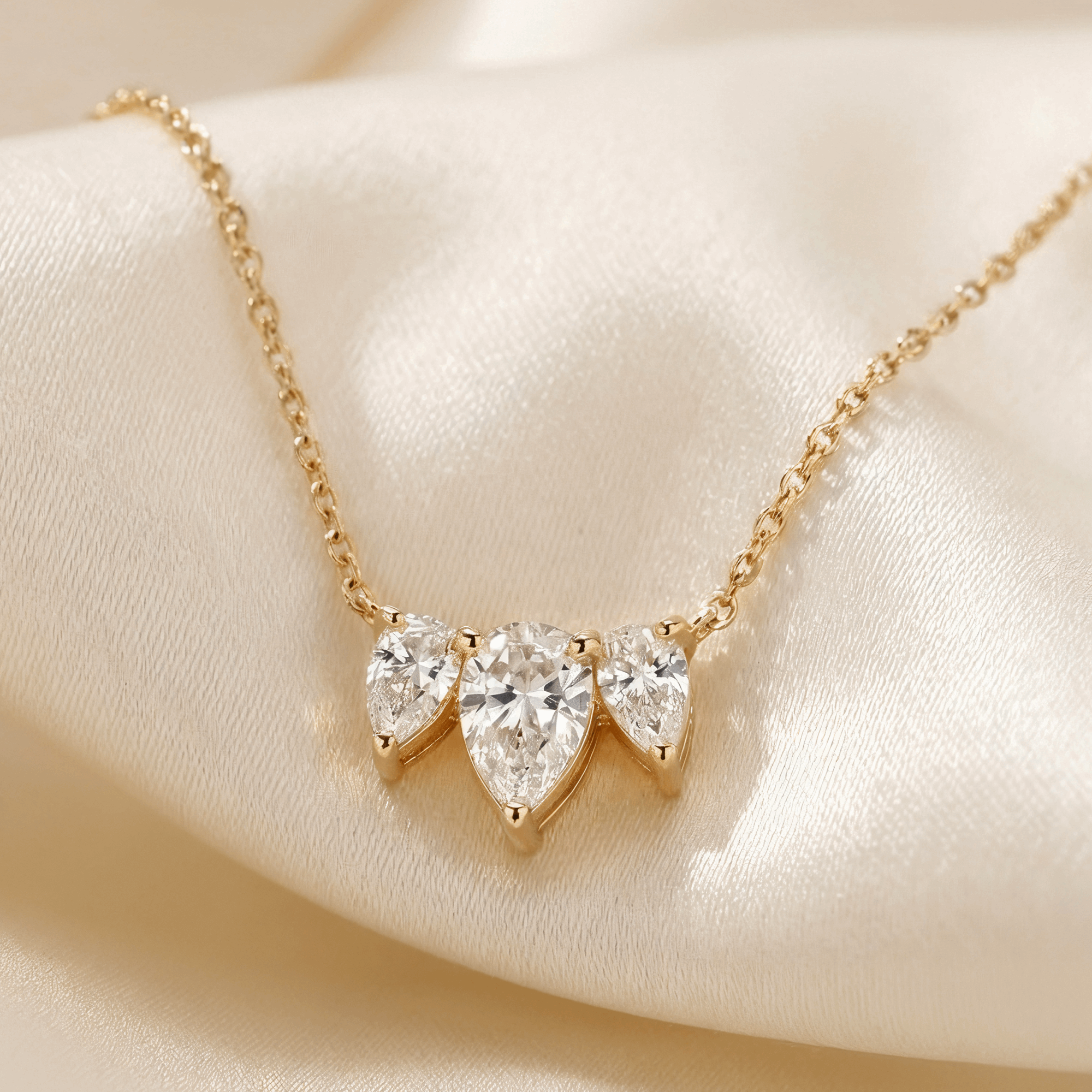 שרשרת 3 יהלומים על רקע בד בהיר