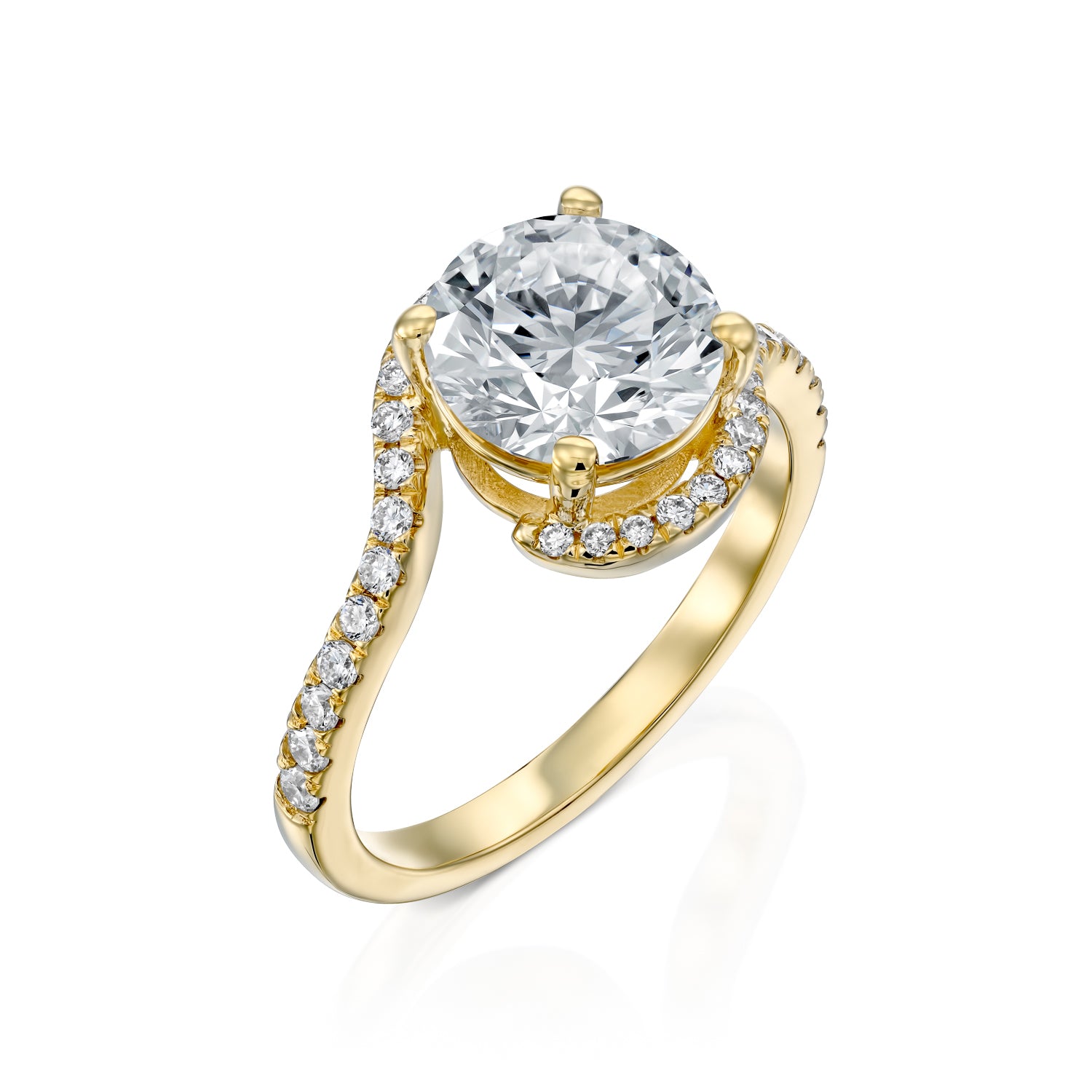 טבעת מוסונייט 2 קראט ויהלומי מעבדה בזהב 14 קראט צהוב על רקע לבן