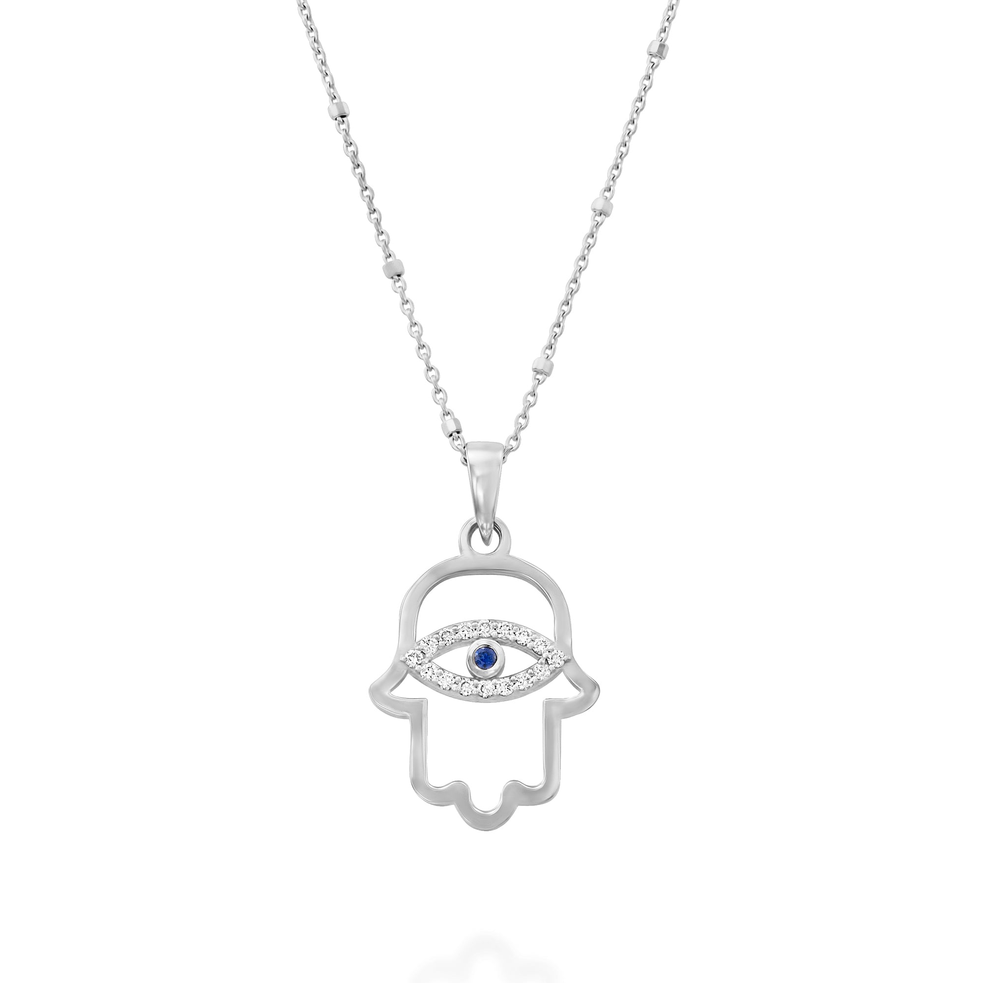 שרשרת עין הרע בזהב לבן עם יהלומים נוצצים בעיצוב נקי על רקע לבן