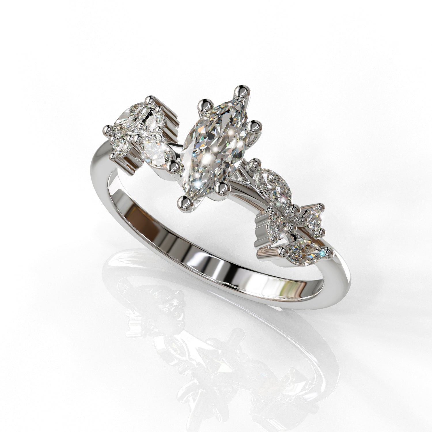 טבעת יהלום מרקיזה בזהב לבן עם שיבוץ יהלומים במבנה פריחה על רקע לבן.